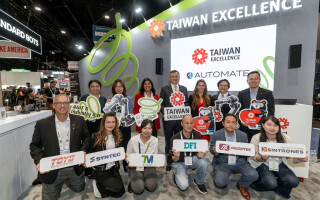 Front row, from left to right, Ben Furnish, TOYO; Elisa Stark, SYNTEC; Cassie Wang, TECHMAN ROBOT; Ethan Wang, DFI, Vincent Ji, Axiomtek; Irene Yang, SINTRONES